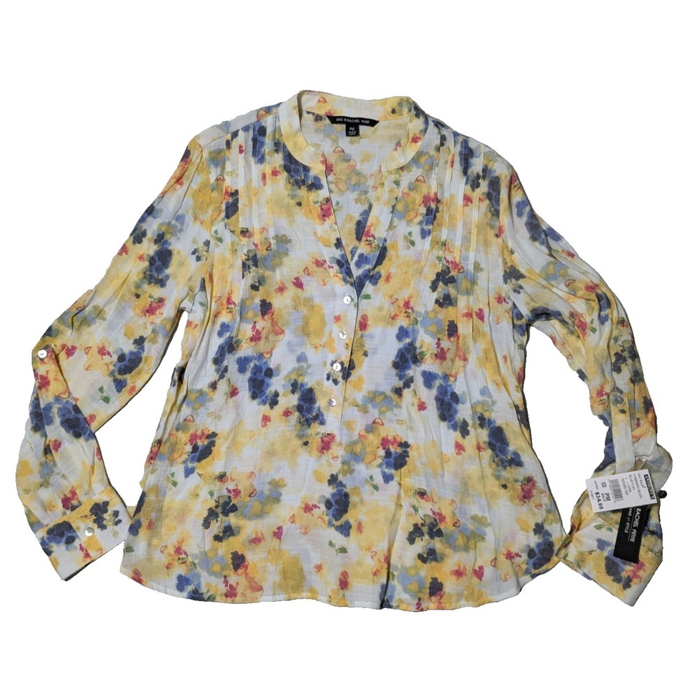Zac Rachel Colonial Blue Flax Floral Popover Shirt Rayon Blend Petite Medium NEW